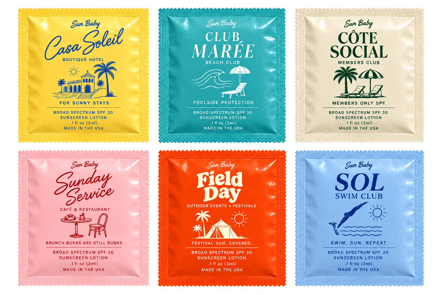 Six custom Sun Baby packet concepts in different colorways for hypothetical hotels, clubs, cafes, and festivals