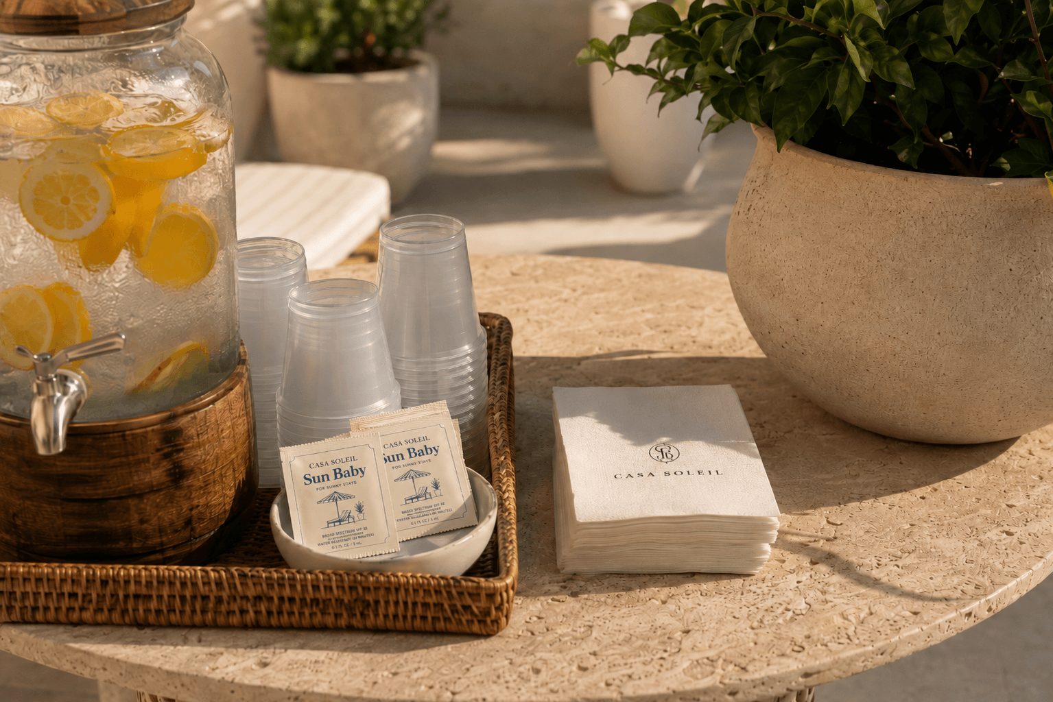 Hotel refreshment table with lemon water, cups, napkins, and co-branded Casa Soleil Sun Baby SPF packets in a dish
