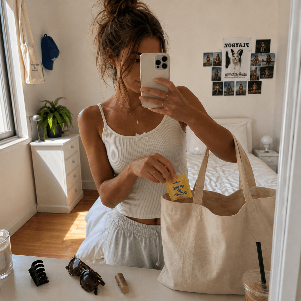 Packing a Sun Baby packet into a tote bag before heading out